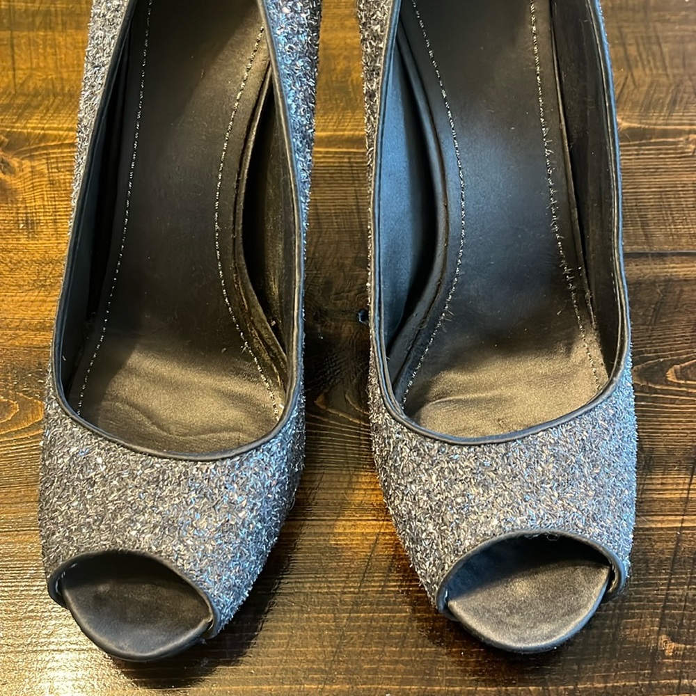 Nine West Silver Sparkle Peep Toe Stilettos - Picture 3 of 10